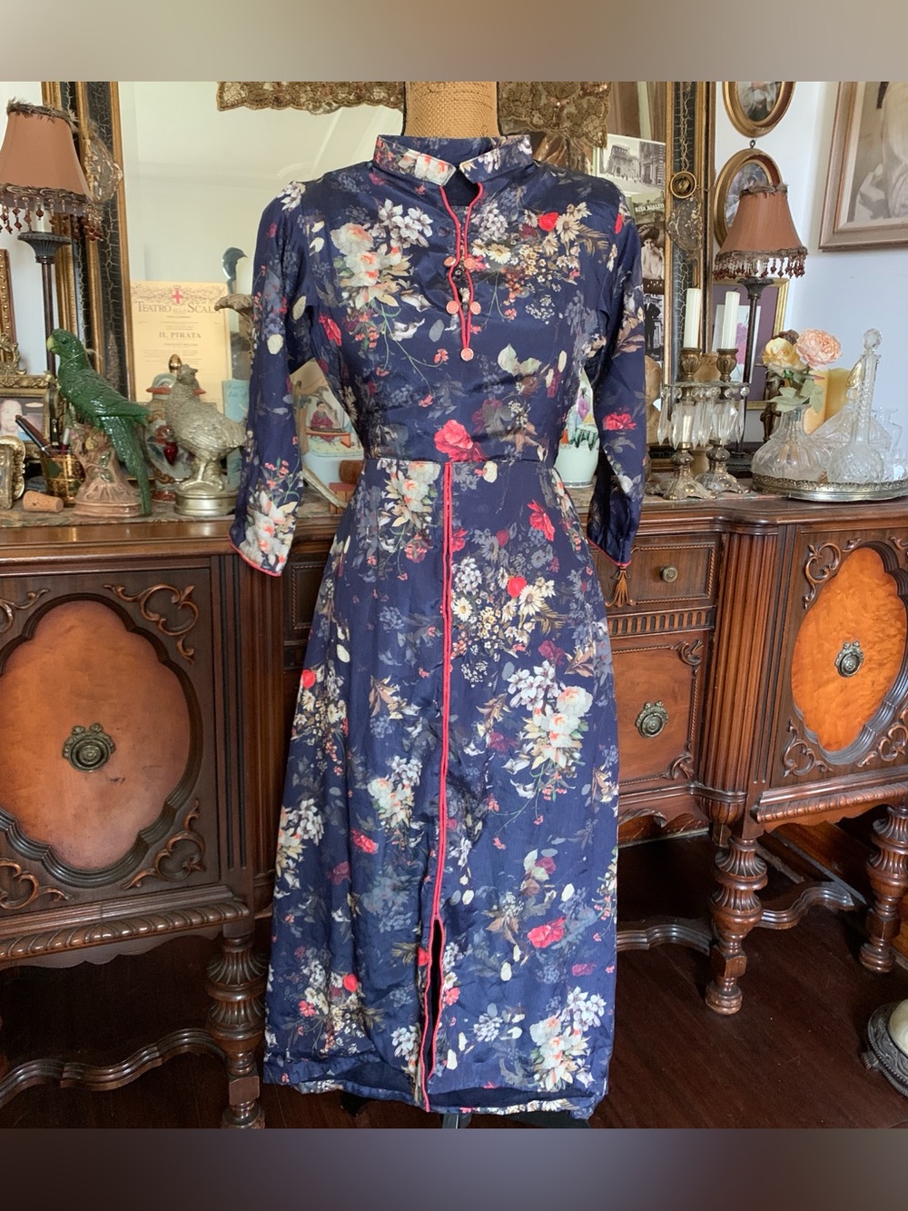 Vintage Custom Boho Asian-inspo Satin Floral Kurti Tunic Dress